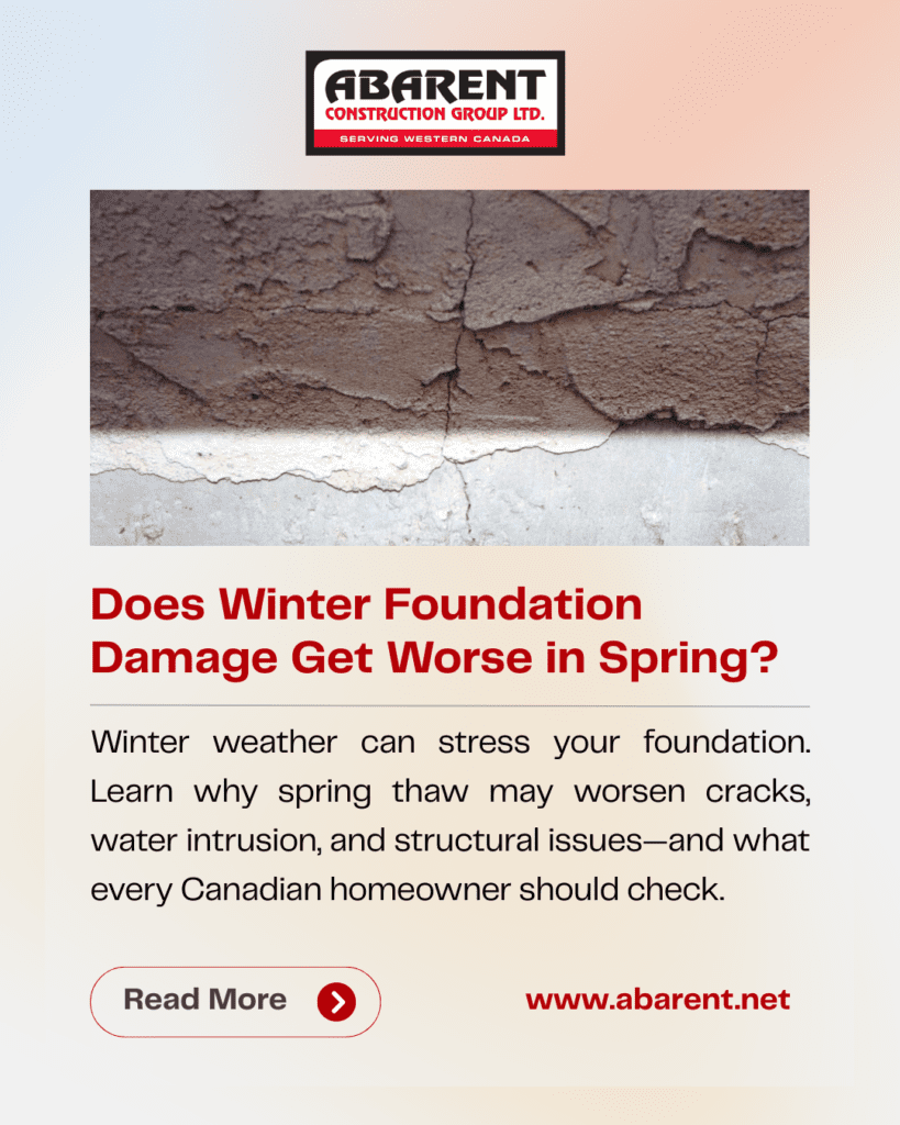 Foundation repair Canada showing spring thaw damage and foundation cracks in basement