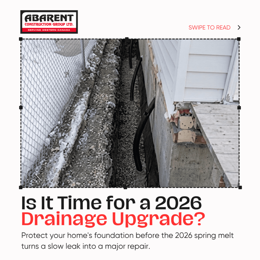 Weeping tile replacement along home foundation with drainage pipe, gravel trench, and waterproofing system to prevent basement leaks