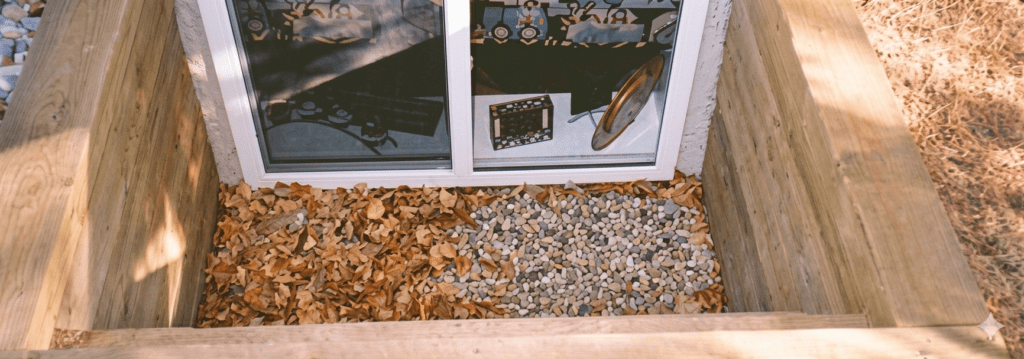 High-angle view of an expert-installed wooden timber basement window well by Abarent Construction in Edmonton, featuring a below-grade slider window, decorative drainage gravel base, and safety ladder, demonstrating soil prevention, proper drainage, and emergency egress.