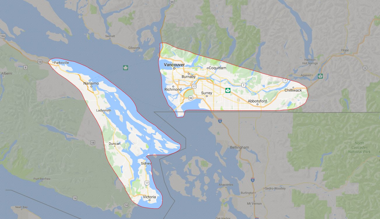Map of Vancouver showing foundation repair and basement service areas